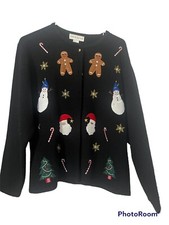 Croft And Barrow Christmas Sweater Medium Black Santa Gingerbread Vintage Ugly