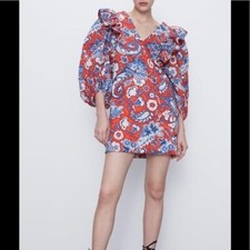 NWT! ZARA blue/red floral print ruffled mini Boho dress XS