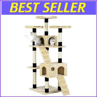 Elegant 72'' Cat Tree with Cozy Condos & Sisal Scratch Posts - Beige/Black
