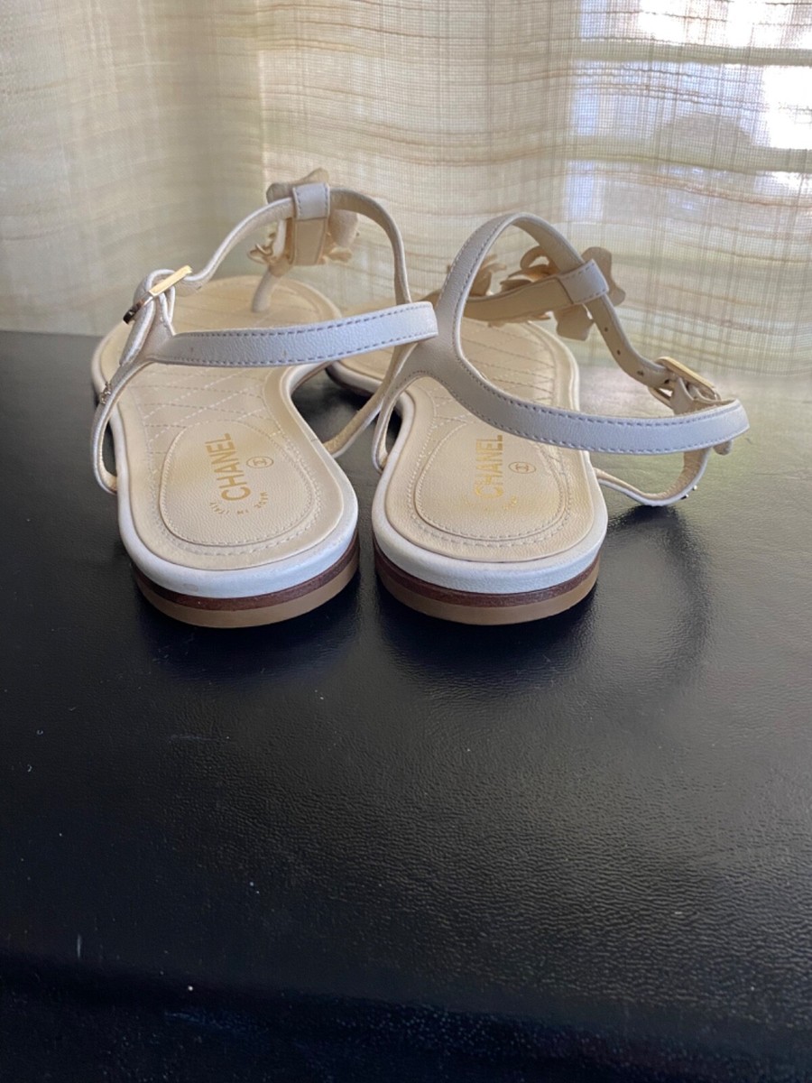 Chanel thong leather sandals flats 37.5-7 white ankle strap