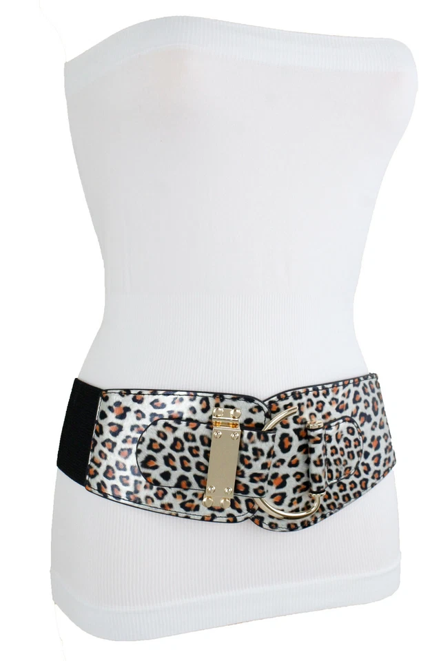 Mujeres Animal Print Leopardo Elastizado Imitación Cuero Ancho Cinturón Gancho Hebilla Talla L XL Foto 2 de 4