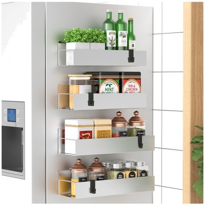 4 Pack Heavy-Duty Magnetic Spice Racks for Fridge & Oven - Silver Elegance