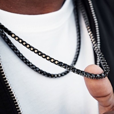 Premium 25Ct Round Cut Black Diamond Men's Tennis Necklace 14K Black Gold Finish