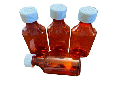 200 LOT Amber Graduated Oval Medicine Plastic RX Bottles/Caps 4 OZ 118.3 ml 