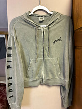 PINK Victoria's Secret Full Zip Cropped Hoodie Gray Logo Cotton Blend Women's S