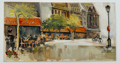 C. RAVEL SIGNED ORIGINAL PAINTING PARIS FRANCE SIDEWALK CAFE BICYCLE CITISCAPE