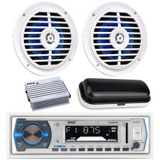 Pyle Bluetooth Marine MP3 Radio, Cover, Amplifier, 2x 5.25" 100W White Speakers