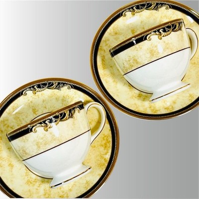 Wedgwood Cornucopia Cup & Saucer Set of 2 Pair Bone China Gold Trim England Used