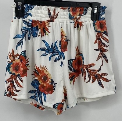 Zaful Preowned Womens Size 8 White Floral Ribbed Elastic Waist Pull On Shorts