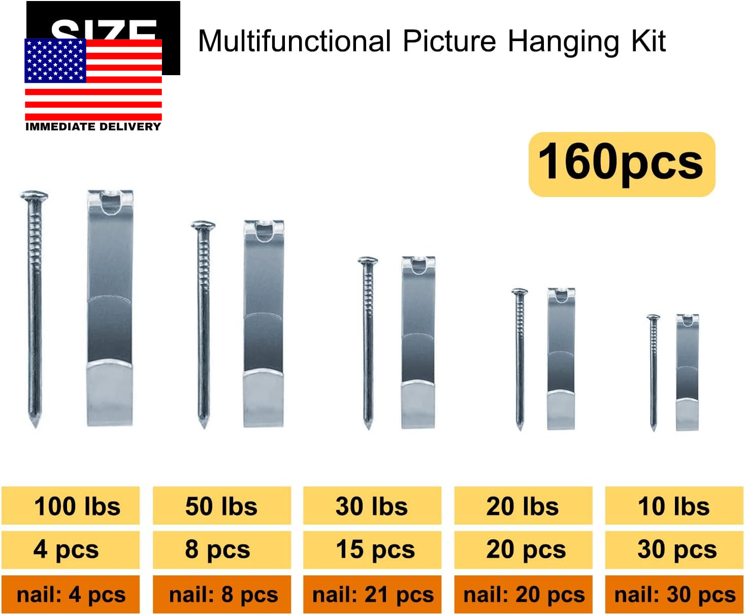 Picture Hangers, 160Pcs Picture Hooks with Nails , 10-100Lbs Picture Frame Hange