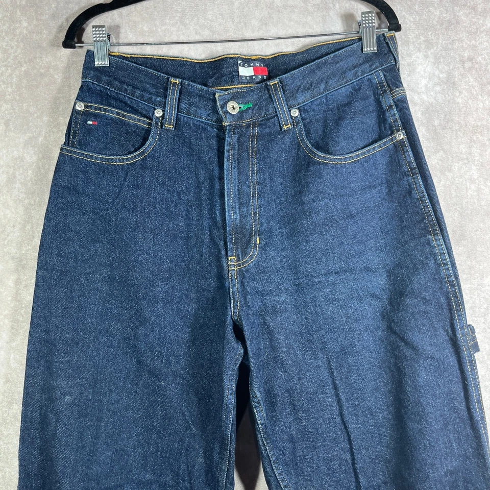 Vintage Tommy Hilfiger Tommy Jeans Mens 30X32 Blue Dark Wash Carpenter Baggy 90s - Image 3 of 4