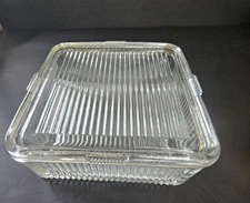 Vintage 8.5" Square Clear Ribbed Glass Refrigerator Dish with Lid