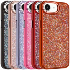 For iPhone 16e/17e Phone Case Crystal Glass Diamond Metallic Buttons Edges Cover