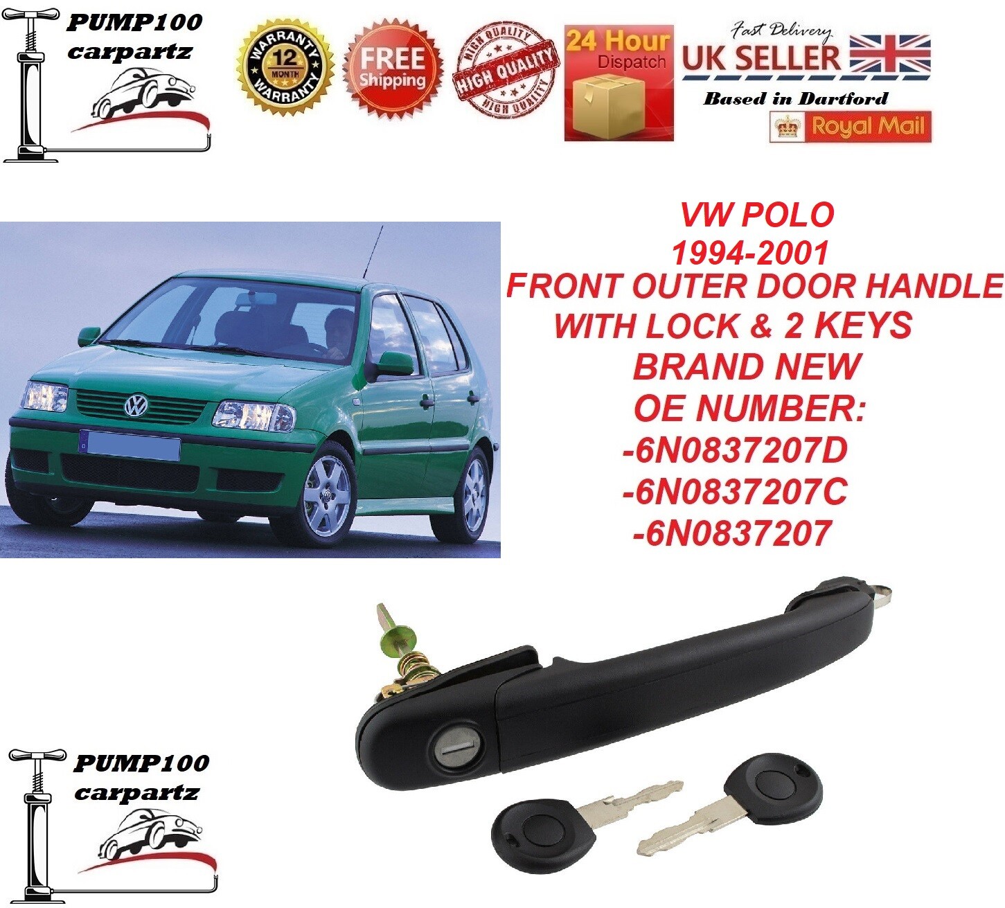 VW POLO FRONT DOOR HANDLE WITH LOCK & KEYS EXTERIOR OUTER LEFT OR RIGHT