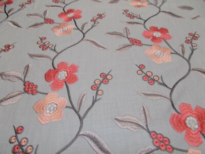  Harlekin Gardinenstoff 'OPHELIA' 3,6 Meter grau/schiefer/koralle - bestickt