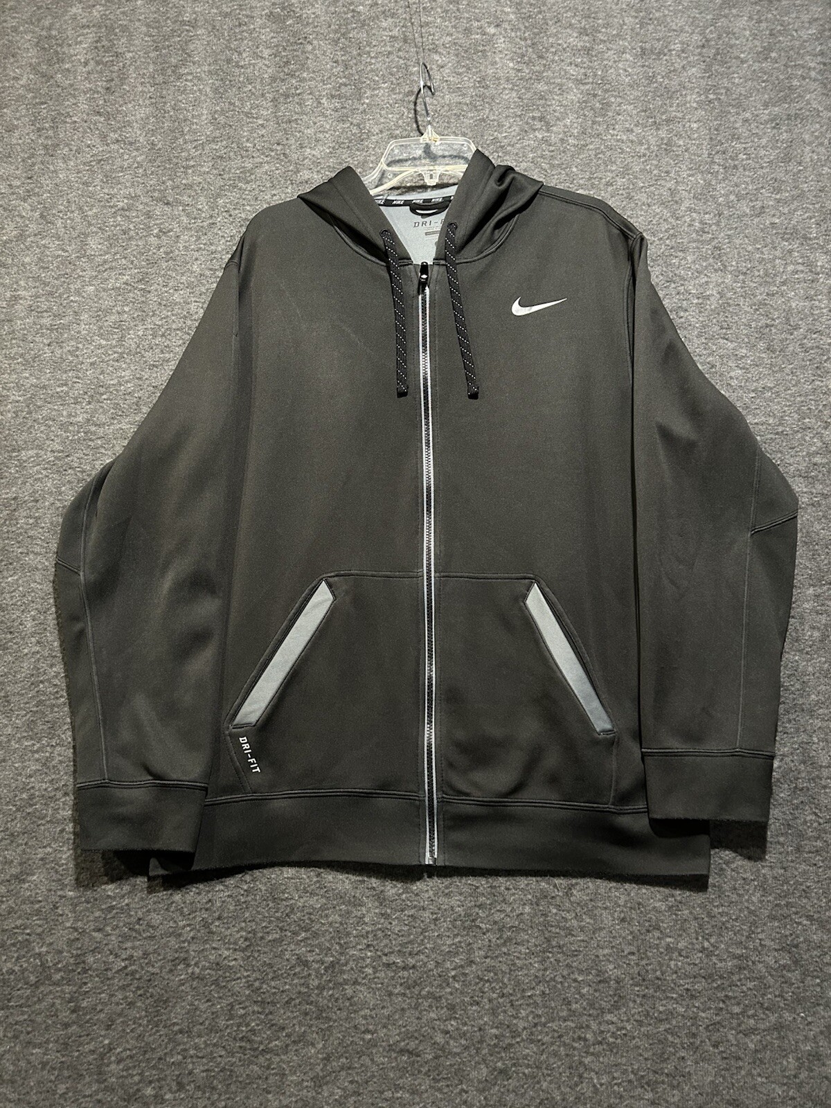 Nike Dri Fit Jacket Mens Large Black Hooded Full Zip Hoodie Swoosh Polyester