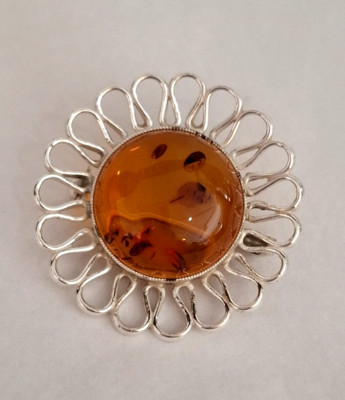 Brosche Bernstein Amber Silber 835 GUSTAV HAUBER Schwäbisch Gmünd 1960's