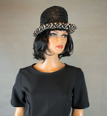 Vintage Black raffia semi Bowler hat‎ Vintage Black Ribbon Raffia Bowler Hat Mid Century Fashion  main image 4
