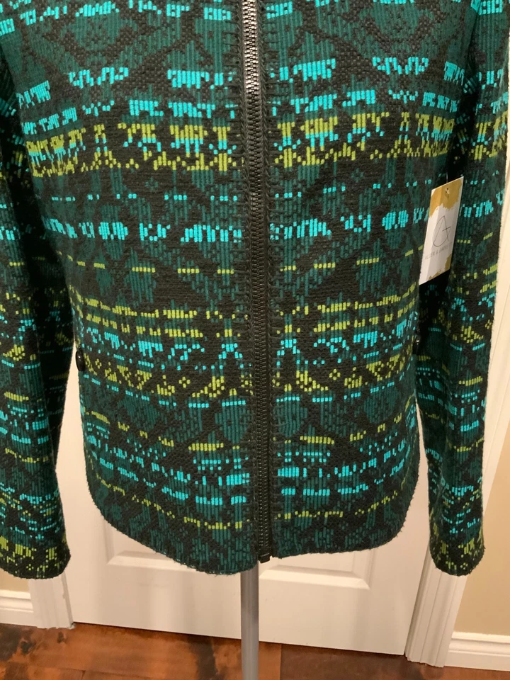 Chaqueta Akris Punto Verde y Azul Geométrica Bordada Cremallera, Talla 10 (US), 42 (FR) Foto 3 de 4