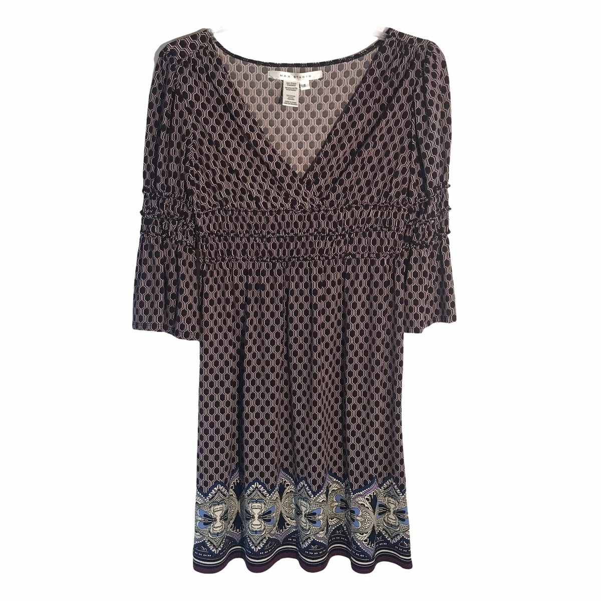 Max Studio Womans V-Neck Geometric Print Empire Waist Shift Dress 1906W55  Sz S