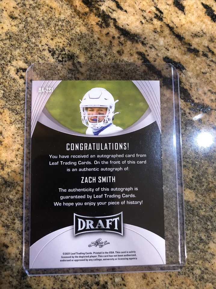 2021 Leaf Draft Football Gold Autograph Zach Smith RC BA-ZS1 Tulsa  - Image 2 of 2