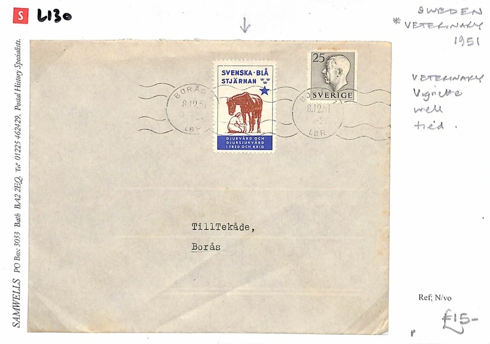 SUECIA Cubierta Boras *ETIQUETA VETERINARIA*CABALLOS 1951 Bien atados {samwells}L130 Foto 3 de 3