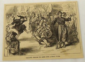 1881 magazine engraving~MEN PLAY MUSIC & DANCE to call people to arms ~ HOLY WAR