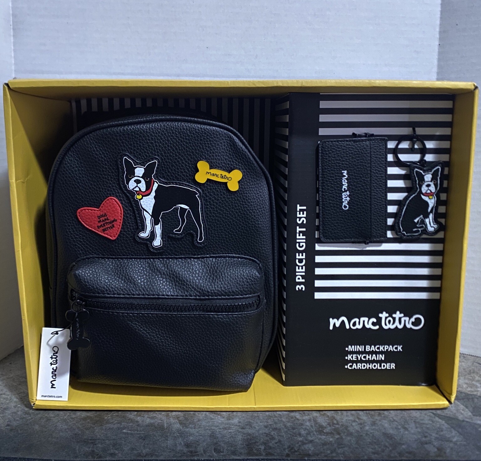 Marc Tetro Boston Terrier Mini Backpack Wallet Card Holder 3-Piece Gift Set Box