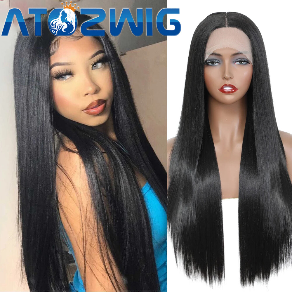 Long Straight Lace Front Wig Black Synthetic Hair Wigs High  display picture 1