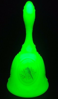 Vintage Fenton Blue Birds Medallion Satin Custard Uranium Glass Bell Signed