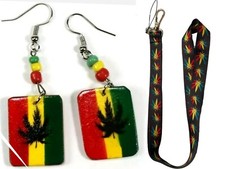 2pcs. Rasta earring wooden Marijuana Weed Keychain Holder Lanyard necklace leaf