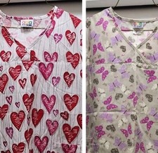 3-2-1 Scrub Tops Lot Women's Medium Hearts Butterflies Valentine's Day Nurse