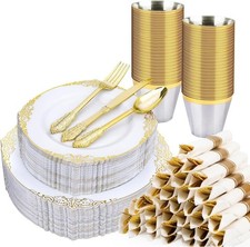 350 PCS White and Gold Plastic Plates, Plastic Dinnerware Set for 50 Guests, ...