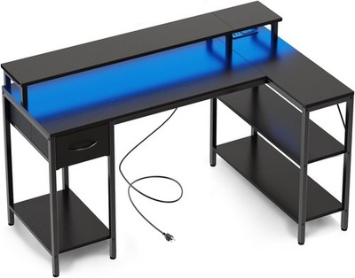 Reversible L-Shaped Computer Desk Gaming Desk with LED Lights and Power Outlets