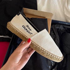 Saint Laurent Logo Canvas Slip-On Espadrille Flats Beige/Black Women 8.5