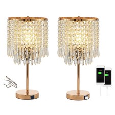 Crystal Table Lamps Set of 2, Gold Lamps for nightstand with 2 USB Charging P...