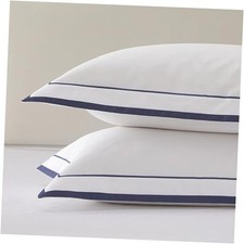 White Pillow Shams Standard Size Set of 2, 20" x 26" Standard White With Navy