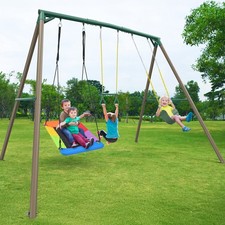 Hapfan 700lbs 9.5ft Tall Heavy Duty Metal Swing Set with 3 Swings  Trapeze Bar