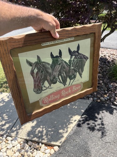 1950s Rolling Rock Beer Horse Sign,Whirlaway,Seabiscuit,Man O'War Glass Framed