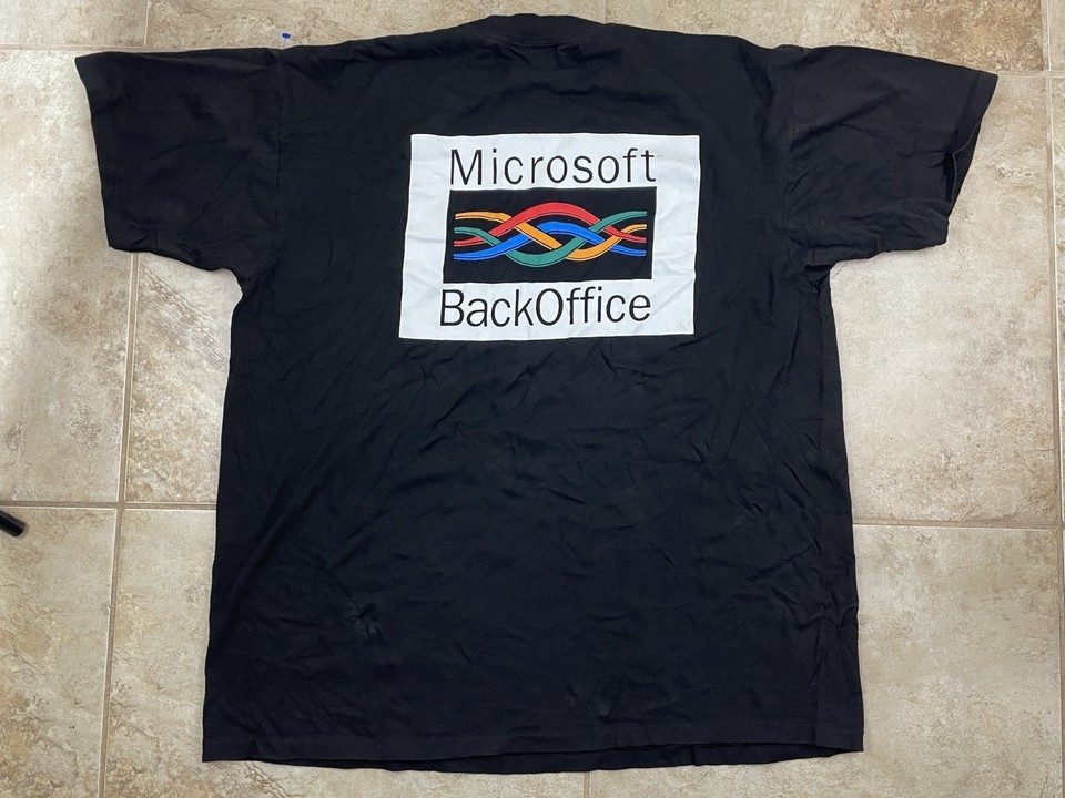 A rare original Microsoft BackOffice promo tee from the early Windows era — authentic tech company history you can wear.