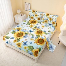 Microfiber Sunflower Fitted Sheet Set Queen Size, Ultra Soft Yellow Bloom Bed...