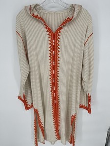 Classic Moroccan  DJellaba Hooded Robe Cream & Orange Intricate Detail Cotton