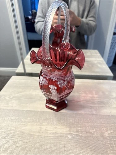 Fenton Ruby Red Mary Gregory Etched Golfer Basket Signed A Kelley