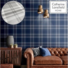 Image of Catherine Lansfield Wallpaper Wall Paper Rolls Kelso Checked Tartan Grey Blue 