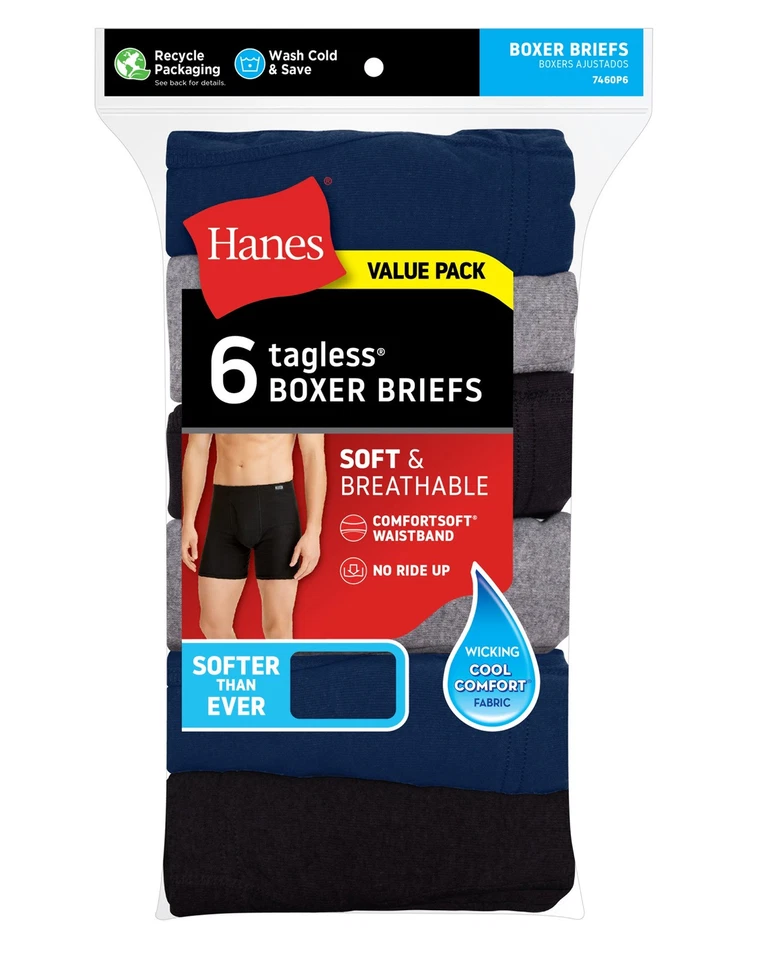 Hanes 6 pack Boxer Briefs Men's Tagless Cool Comfort Soft Waistband Underwear - Image 2 of 4