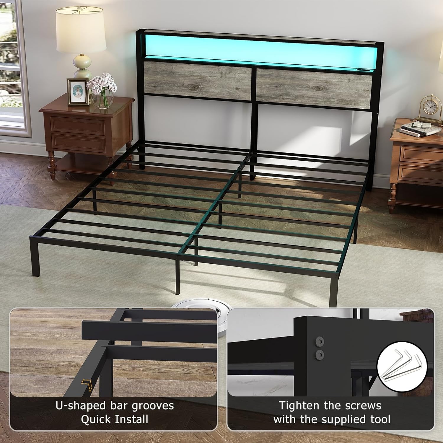 Bed Frame King Size Metal Platform with Storage Headboard and Charging Station