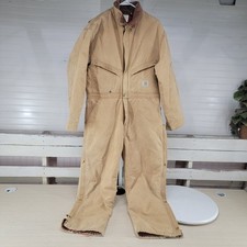  Carhartt USA Made Duck Insulated Coveralls 44 Short Brown Quilted Liner Zip-to-