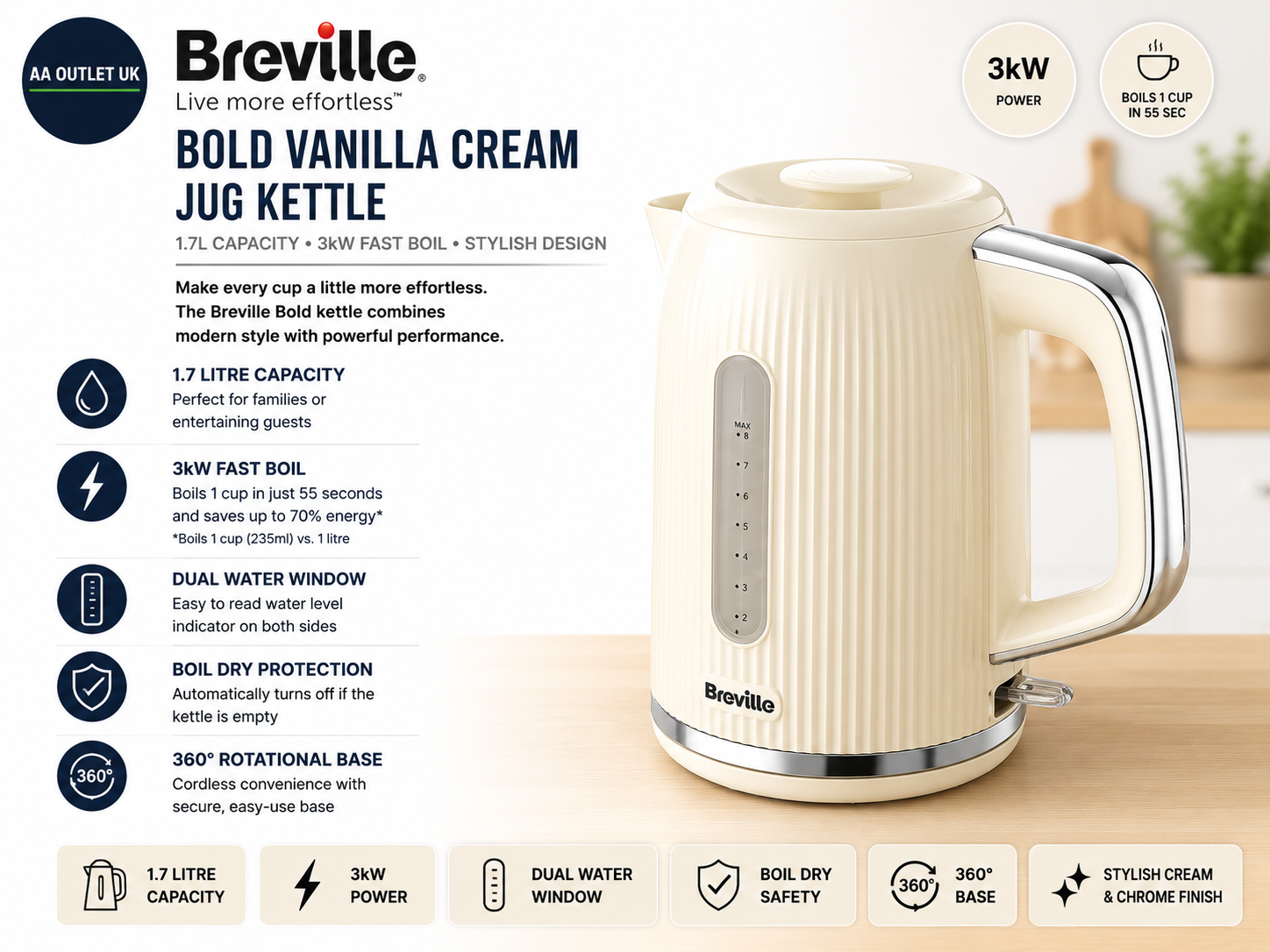 Breville VKT223 Bold Vanilla Cream Silver Electric Kettle 1.7L 3kW Fast Boil