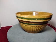 Antique Yellow Ware Ribbed Mixing Bowl Green White Band Stripe 10.5