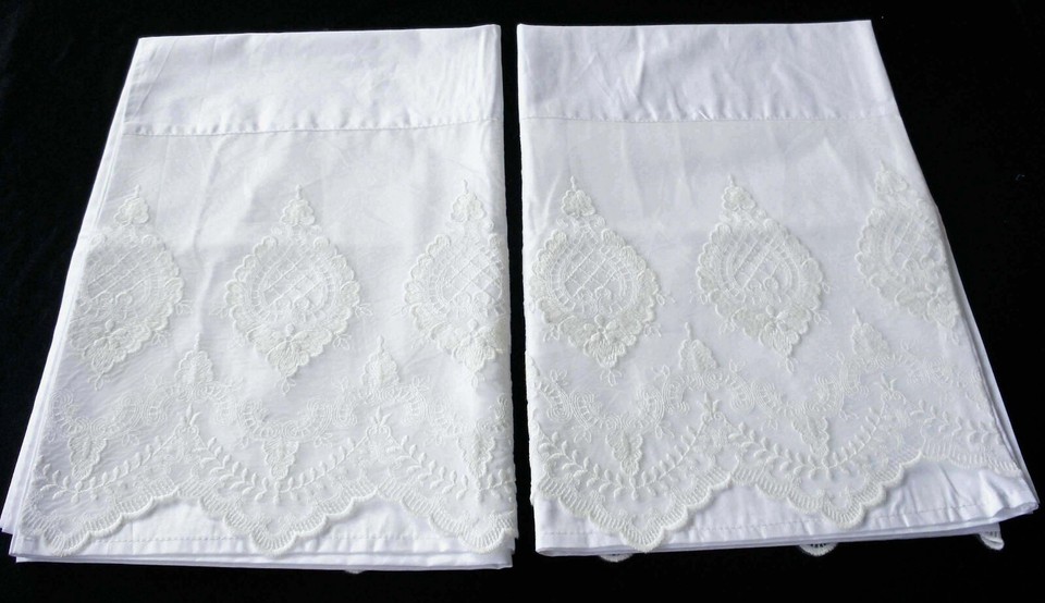 New White Embroidered Lace trim Pillow Cases Sham Cotton 300TC Standard